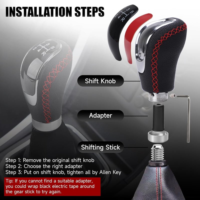 ANDO RACING Universal 5/6 Speed Leather Car Racing Gear Shift Shifter knob,Artificial Leather and ABS Black Stitching Shift Knob with 4 Adapters,Replaceable 3 Gear Position Pastors(Black+Red Line) - Image 5